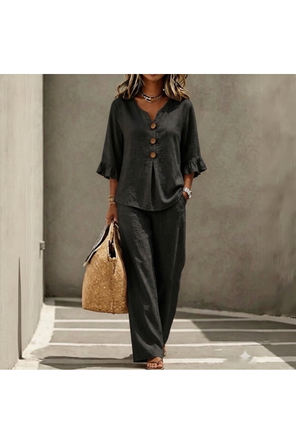 Two Piece Sets for Women 3/4 Length Sleeve Lounge Sets Summer Spring Vacation Travel Outfits Fashion Clothing Black 3XL