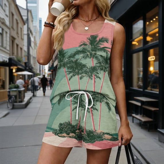 Stralyhd Two Piece Sets for Women Hawaiian Print 2026 Summer Sets Travel Vacation Shorts Outfits Loose Casual Matching Lounge Set Pink XL