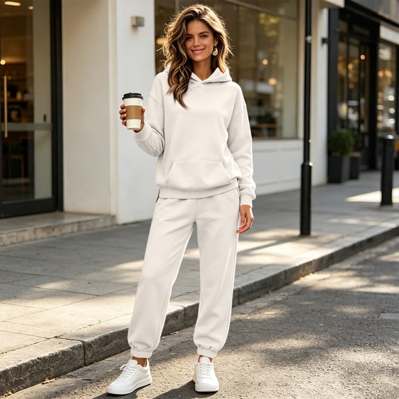 Stralyhd Two Piece Sets for Women Oversized Fleece Hoodies and Sweatpant Sweat Sets Workout Trendy Fall Tracksuits Sets Beige XXL