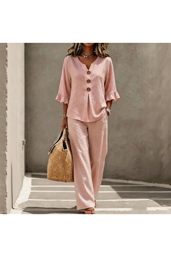 Two Piece Sets for Women Summer Beach Travel Suits V Neck Wooden Buttons Blouse Loose Fit Wide Leg Palazzo Pants Pink M