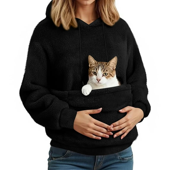 Stralyhd Unisex Cat Pouch Hoodie Cozy Soft Sweatshirt with Dog Pouch Fleece Pet Carrier Hoodie Long Sleeve Animal Holder Pullover Black L