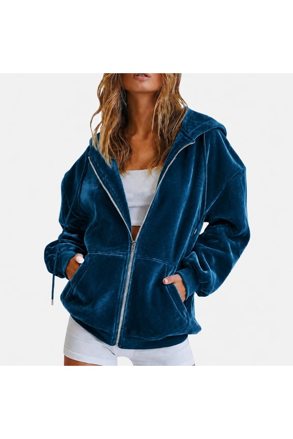 Velour Y2K Sweat Jacket Women's Drawstring Hooded Pullover Long Sleeve Zip Front Oversized Sports Zip Hoodie Jacket Royal Blue S