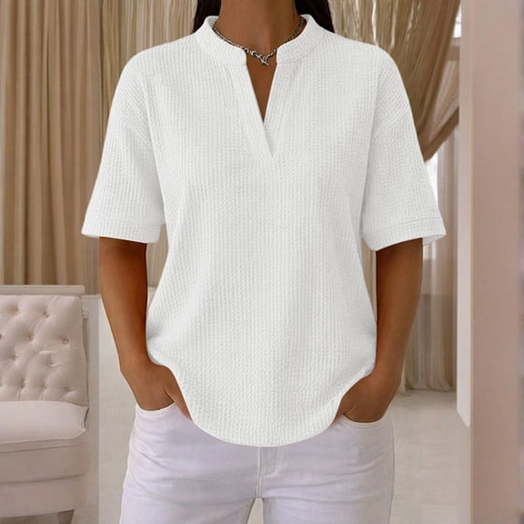Stralyhd Waffle Knit Polo Shirts for Women Buttons Short Sleeve Top Loose Casual Collared Shirts Summer Henley Shirt Crew Neck Blouses Khaki L
