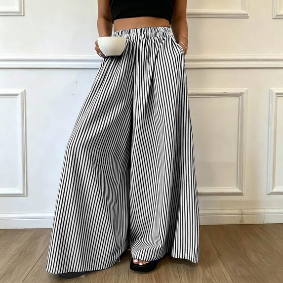 Stralyhd Wide Leg Pants for Women Casual Cotton Linen Pants Beach Elastic Waist Trousers with Pockets White XL