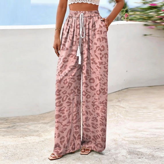 Stralyhd Wide Leg Pants for Women Leopard Print Drawstring Elastic Waist Flowy Palazzo Pants Casual Loose Fit Summer Fall Lounge Bottom Pink 2XL