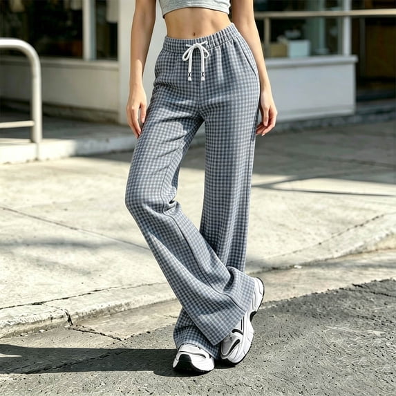 Stralyhd Wide Legs Pants Woman Casual Loose Fleece Flowy Pants Plaid Drawstring Trousers with Pockets Light Blue M