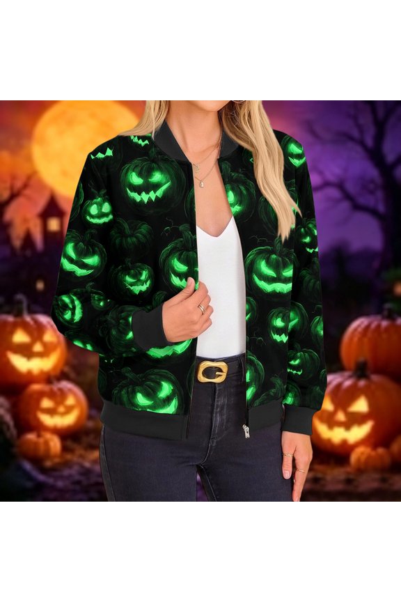 Witch Print Jacket for Women Halloween Party Pilot Jacket Ghost Jackets Spooky Horror Print Windbreaker Green S