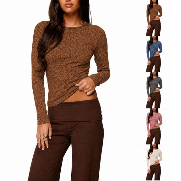 Stralyhd Women Cheetah Print Tops Y2k Long Sleeve Slim Fit Crewneck Going Out Tops Casual Stretchy Leopard Fall Basic Blouse Brown M