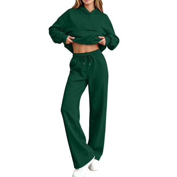 Stralyhd Women Long Sleeve Hoodie Set Hooded Drawstring Tracksuit Fall Comfort Sweatsuit Athletic 2 Pieces Set Dark Green L