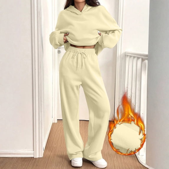 Stralyhd Women Long Sleeve Hoodie Set Hooded Pockets Tracksuit 2026 Fall Casual Outwear Clothes Fashion 2 Pieces Set Beige S