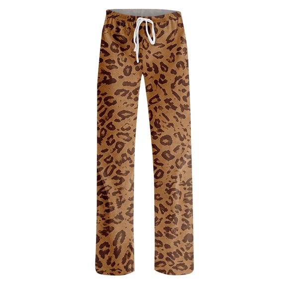Stralyhd Women Pajama Pants Leopard Print Wide Leg Elastic Waist Drawstring Sleepwear Lounge Strecthy Loose Wear Brown XL
