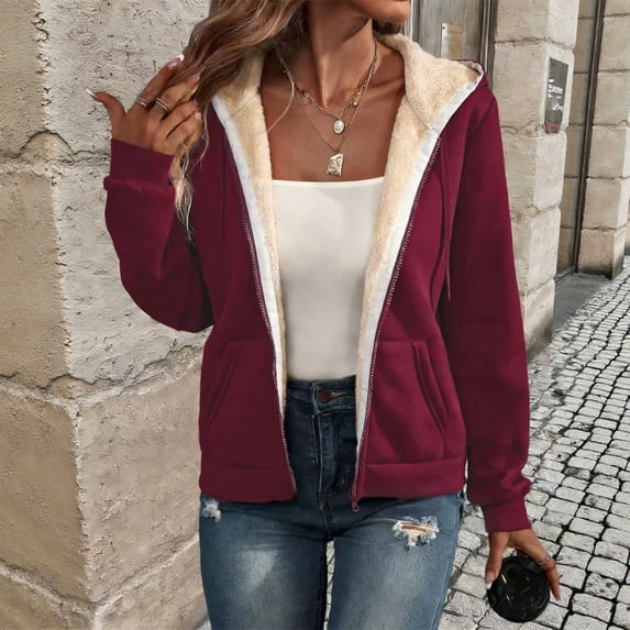 Stralyhd Women Pocket Detail Sherpa Lined Full Zip Hoodie Winter Warm Heavyweight Fleece Casual Coat Wine L