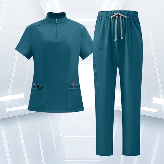 Stralyhd Women Scrubs Set Mock Neck Stretch Tops with Pockets & Drawstring Straight Leg Pants Nurse Work Uniform Dark Blue XL