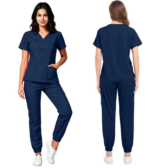Stralyhd Women Scrubs Set V-Neck Stretch Tops with Pockets & Jogger Pants Nurse Work Uniform Navy XXL
