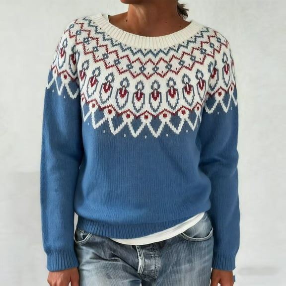 Stralyhd Women Sweaters Retro Embroidered Fair Isle Sweater Crewneck Casual Loose Fall Clothing 2025 Long Sleeve Boho Brown Sweater Woman Blue XL