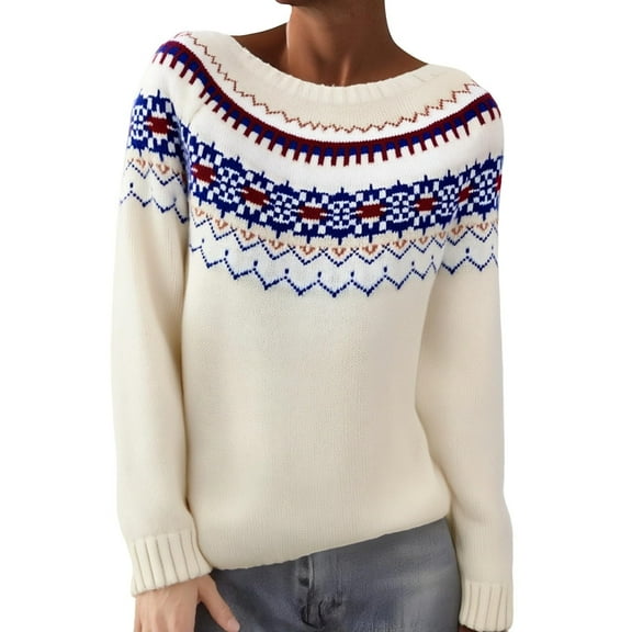 Stralyhd Women Sweaters Retro Embroidered Fair Isle Sweater Crewneck Plus Size Pullover Tops Long Sleeve Boho Black Sweaters for Women Beige XL