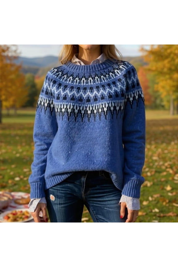 Women Sweaters Retro Fair Isle Sweater Embroidered Boho Long Sleeve Pullover Tops Casual Round Neck Cropped Pullover Tops Royal Blue L