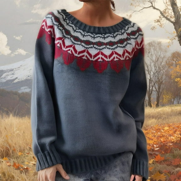 Stralyhd Women Sweaters Retro Fair Isle Sweater Knit Boho Long Sleeve Pullover Knitwear Stripes Round Neck Fall Clothing 2025 Dark Gray XXL