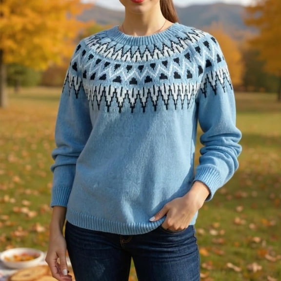 Stralyhd Women Sweaters Retro Fair Isle Sweater Knit Lightweight Boho Long Sleeve Pullover Tops Casual Loose Crewneck Cropped Pullover Tops Sky Blue L