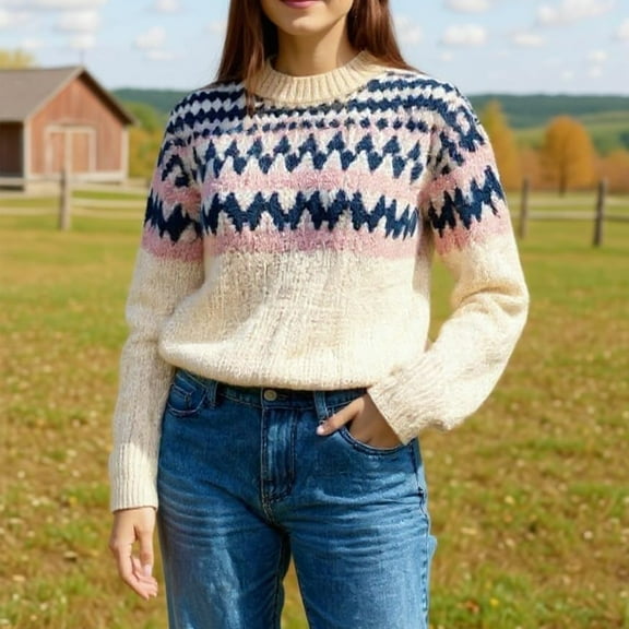 Stralyhd Women Sweaters Retro Knit Fair Isle Sweater Round Neck Stripes Pullover Knitwear Long Sleeve Lightweight Boho Christmas Sweaters for Women Khaki S