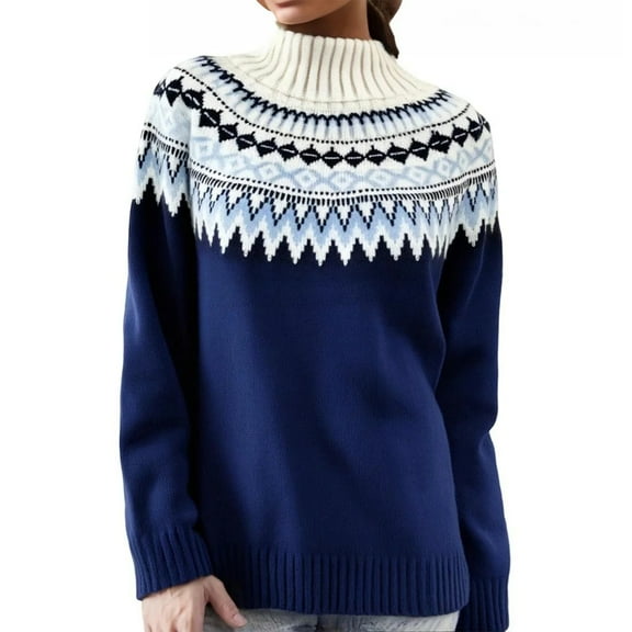 Stralyhd Women Sweaters Vintage Fair Isle Sweater Embroidered Lightweight Boho Long Sleeve Pullover Knitwear Plus Size Crewneck Fall Clothing 2025 Dark Blue L