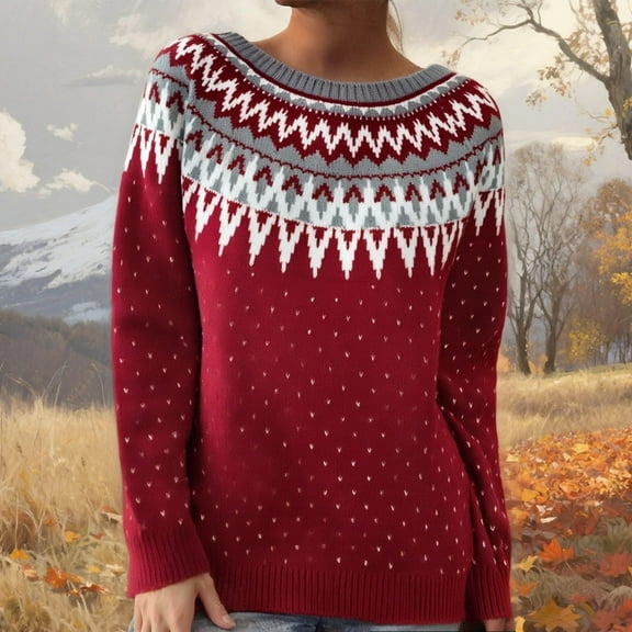 Stralyhd Women Sweaters Vintage Knitted Fair Isle Sweater Crewneck Plus Size Cropped Pullover Tops Long Sleeve Lightweight Boho Brown Sweater Woman Deep Red L