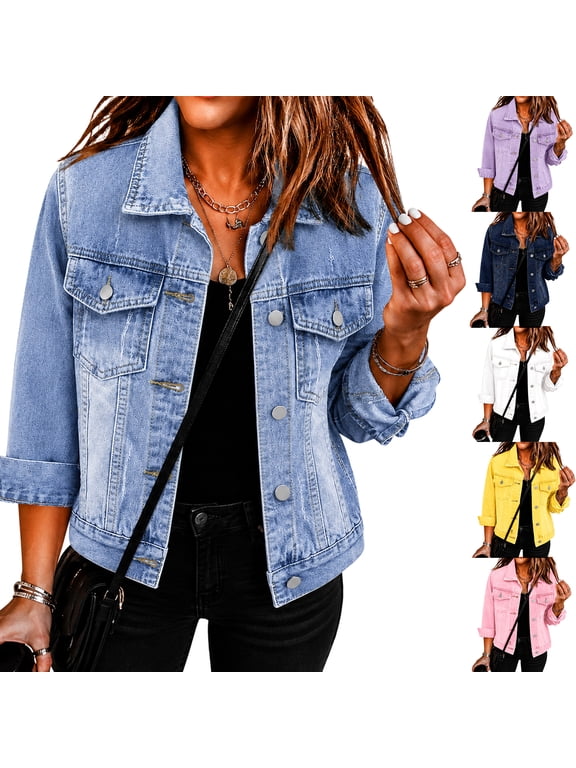Women's Denim Jacket Fashion Oversized 3/4 Length Sleeve Cropped Button Down Jean Jacket Classic Pocket Design Fall Trendy Clothing Light Blue XL