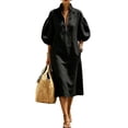 thumbnail image 1 of Stralyhd Women's Dresses Stand Collar Half Front Zipper Puff Sleeve Midi Dresses 2026 Summer Linen Going Out Loose Casual Midi Dress Black XXL, 1 of 4