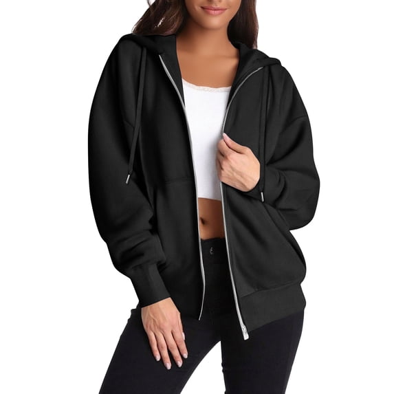 Stralyhd Women's Lightweight Hoodies Full Zip Up Neutral Shade Oversized Sweatshirts with Pockets Long Sleeve Thin Casual Hooded Jackets Black XL