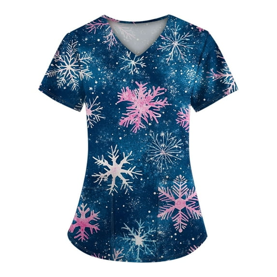 Stralyhd Women's Medical Scrub Shirts Christmas Tree Print Medical Nursing Uniform Shirts V Neck Short Sleeve Plus Size Soft Nurse Shirt with Pockets Light Blue 2XL