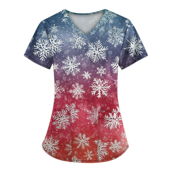 Stralyhd Women's Medical Scrub Shirts Christmas Tree Print Medical Nursing Uniform Shirts V Neck Short Sleeve Plus Size Stretch Nurse Shirt with Pockets Blue S