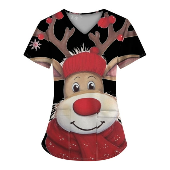 Stralyhd Women's Medical Scrub Shirts Plus Size Medical Nursing Uniform Shirts Soft Christmas Tree Print Nursing Uniform V Neck Short Sleeve Nurse Shirt with Pockets Vermilion 3XL