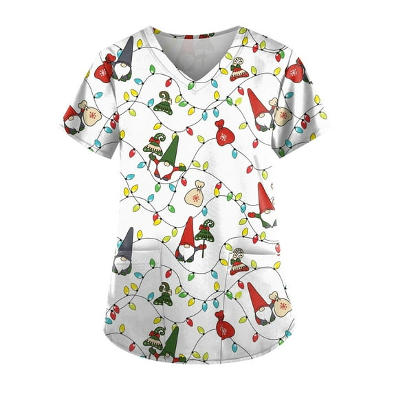 Stralyhd Women's Medical Scrub Shirts Plus Size Medical Nursing Uniform Shirts Soft Christmas Tree Print Nursing Uniform V Neck Short Sleeve Nurse Shirt with Pockets White S