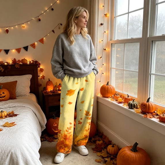 Stralyhd Women’s Pajama Pants Maple Fuzzy Fleece Wide Leg Drawstring Sleepwear Lounge Strecthy Loose Fall Winter Wear with Pockets Yellow XXL