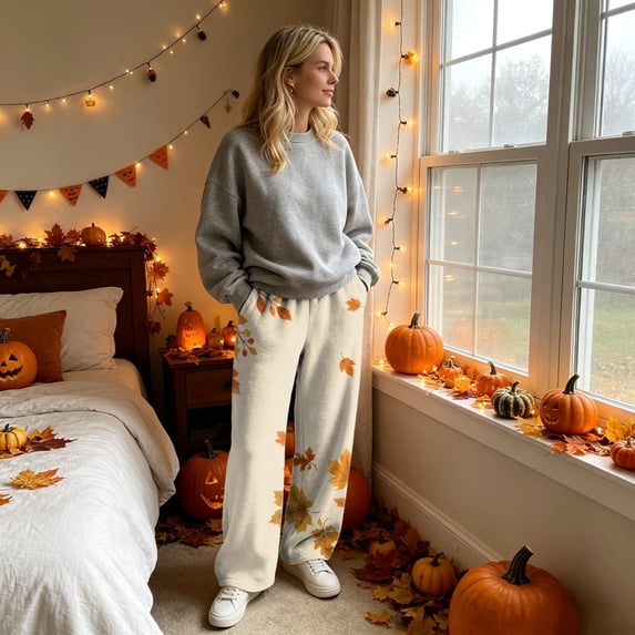 Stralyhd Women’s Pajama Pants Maple Fuzzy Fleece Wide Leg Drawstring Trousers Lounge Casual Loose Fit Fall Winter Bottom with Pockets Beige XL