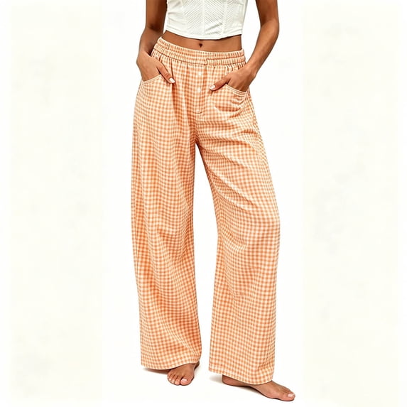 Stralyhd Women's Palazzo Lounge Pants Casual Plaid Wide Leg High Waist Flowy Toursers with Pockets Orange XXL