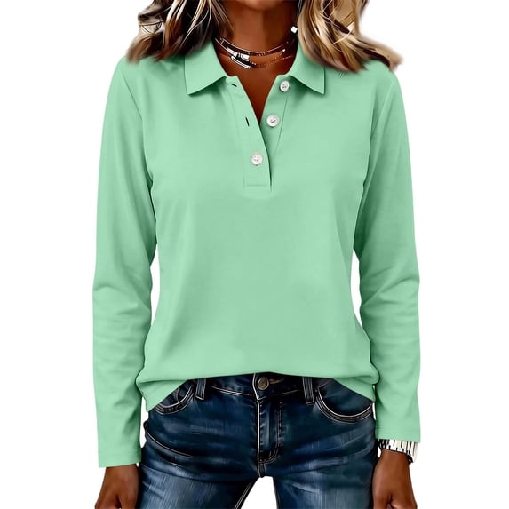 Stralyhd Women's Polo Shirts Long Sleeve Button Collared Loose shirts Dressy Casual Basic Fall Fashion Clothes Mint Green S