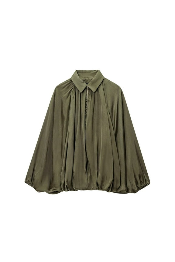 Women’s Puffed Bomber Jacket Trendy Batwing Long Sleeve Oversized Jacket Lapel Collar Zipper Streetwear Coats Pleated Shirts Army Green M