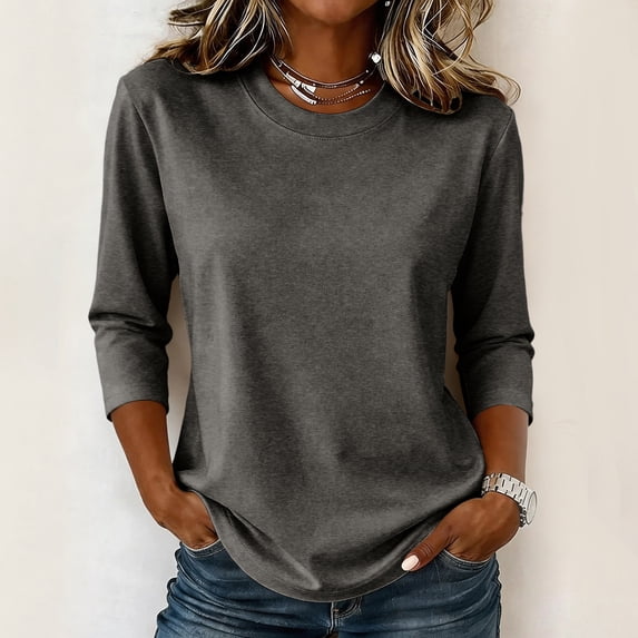 Stralyhd Women's Round Neck 3/4 Length Sleeve T Shirt Casual Dressy Fashion Basic Tops Dark Gray XL