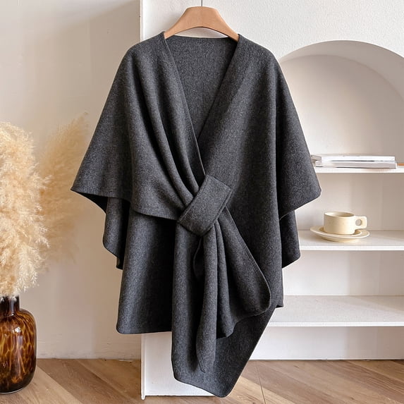 Stralyhd Women's Soft Knitted Drape Shawl Wrap Versatile Solid Color Poncho Sweater with Loop Tie for Fall Winter Dark Gray One Size