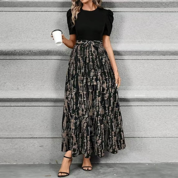 Stralyhd Women's Summer Short Sleeve Crew Neck Maxi Dress Floral Print Waist Tie Ruffle Casual Wedding Guest Outfit Dark Gray XXL