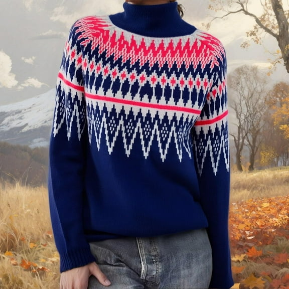 Stralyhd Women's Sweaters Retro Fair Isle Sweater Knitted Boho Long Sleeve Pullover Knitwear Casual Loose Round Neck Cropped Pullover Tops Hot Pink XXL