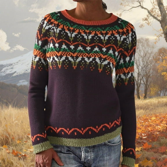 Stralyhd Women's Sweaters Retro Knitted Fair Isle Sweater Round Neck Plus Size Fall Clothing 2025 Long Sleeve Lightweight Boho White Sweater Brown M