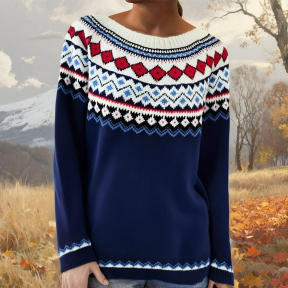 Stralyhd Women's Sweaters Vintage Fair Isle Sweater Embroidered Lightweight Boho Long Sleeve Pullover Knitwear Stripes Round Neck Fall Clothing 2025 Dark Blue L