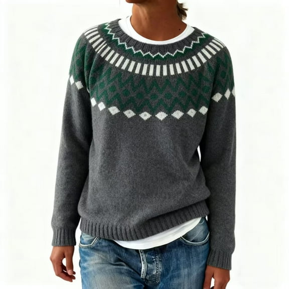 Stralyhd Women's Sweaters Vintage Knitted Fair Isle Sweater Crewneck Plus Size Pullover Tops Long Sleeve Lightweight Boho White Sweater Dark Gray XXL