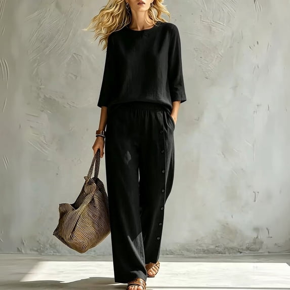 Stralyhd Women's Two Piece Lounge Set 2026 Summer Oversized Sets Loose Casual Long Outfits Travel Vacation Matching Set with Pockets Black S