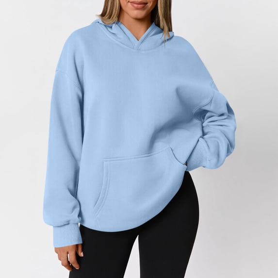Stralyhd Women's Unisex Style Casual Hoodies Long Sleeve Solid Lightweight Pullover Tops Loose Sweatshirt with Wide Utility Pocket Light Blue 2XL