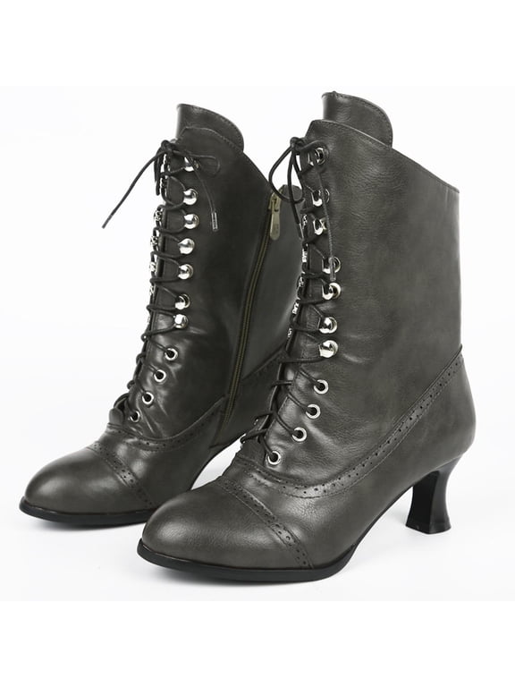 Women's Vintage Brogue Booties Lace Up Side Zipper Perforated Block Heel Victorian Ankle Boots Gray 42