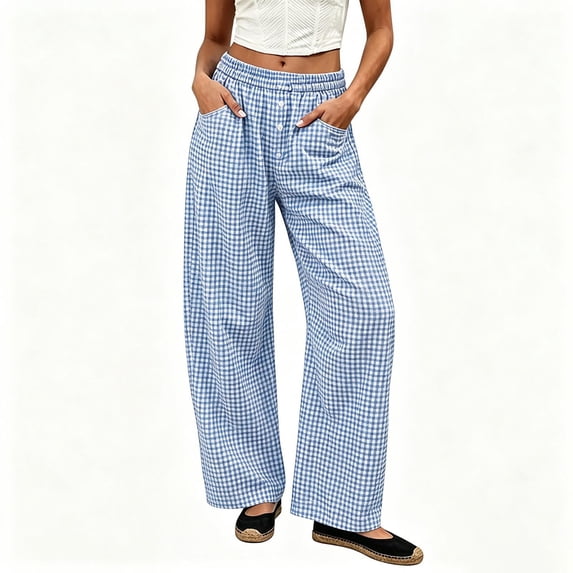 Stralyhd Women's Wide Leg Pants Gingham Casual Elastic Waist Trousers Long Lounge Summer Travel Pants Blue M