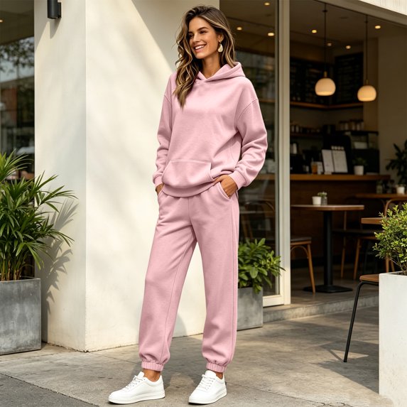 Stralyhd Womens 2 Piece Lounge Sets Fleece Baggy Hooded Sweatshirt and Joggers Sweatsuits Casual Trendy Fall Matching Outfits Pink M
